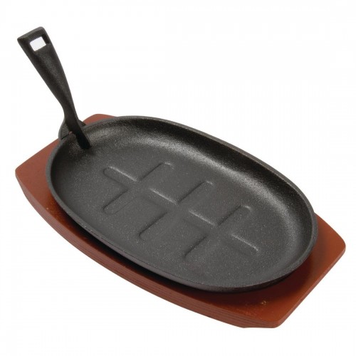 Olympia Cast Iron Oval Sizzler with Wooden Stand Large