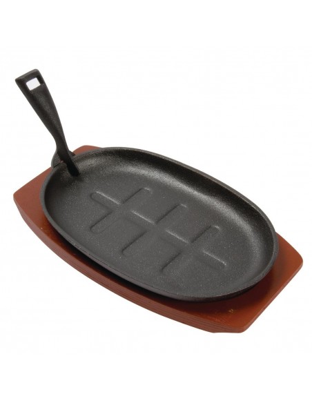 Olympia Cast Iron Oval Sizzler with Wooden Stand Large