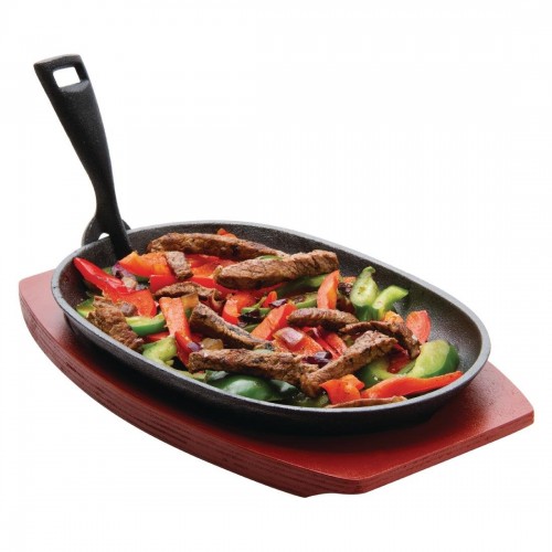 Olympia Cast Iron Oval Sizzler with Wooden Stand Large