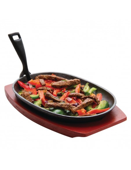 Olympia Cast Iron Oval Sizzler with Wooden Stand Large
