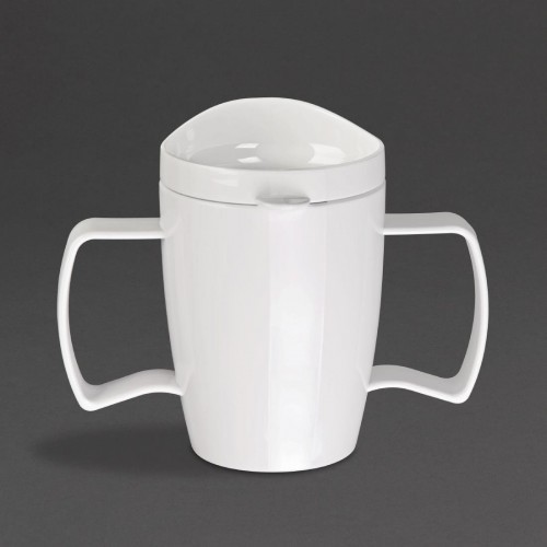Kristallon Heritage Double-Handled Mugs with Lids White 300ml