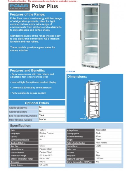 Polar Glass Door Display Freezer 365Ltr