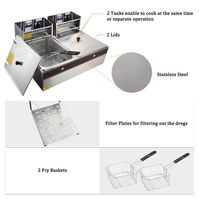 eZone Commercial Electric Twin Deep Fat Fryer 2x 10L-2.8kW Catering Takeaway