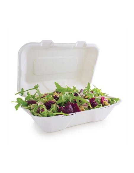 Vegware Compostable Bagasse Clamshell Hinged Meal Boxes 225mm
