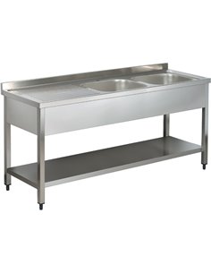 Commercial Sink Stainless steel 2 bowls Right Bottom shelf Splashback 1400mm Depth 600mm | DA-VS146RBT