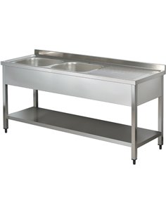 Commercial Sink Stainless steel 2 bowls Left Bottom shelf Splashback 1400mm Depth 600mm | DA-THSTR146BL2