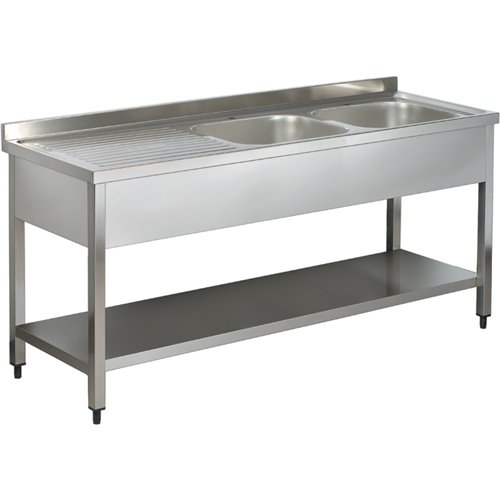 Commercial Sink Stainless steel 2 bowls Right Bottom shelf Splashback 1600mm Depth 600mm | DA-THSTR166BR2