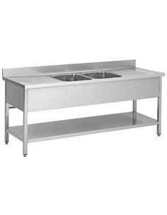 Commercial Sink Stainless steel 2 bowls Bottom shelf Splashback 2000mm Depth 600mm | DA-VS206BT