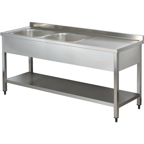 Commercial Sink Stainless steel 2 bowls Left Bottom shelf Splashback 1400mm Depth 700mm | DA-THSTR147BL2