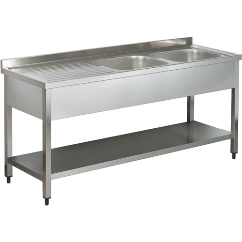 Commercial Sink Stainless steel 2 bowls Right Bottom shelf Splashback 1800mm Depth 700mm | DA-VS187RBT Commercial Sink Stainless steel 2 bowls Right Bottom shelf Splashback 1800mm Depth 700mm | DA-VS187RBT