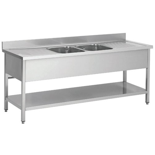 Commercial Sink Stainless steel 2 bowls Bottom shelf Splashback 2000mm Depth 700mm | DA-THSTR207BM2 Commercial Sink Stainless steel 2 bowls Bottom shelf Splashback 2000mm Depth 700mm | DA-THSTR207BM2