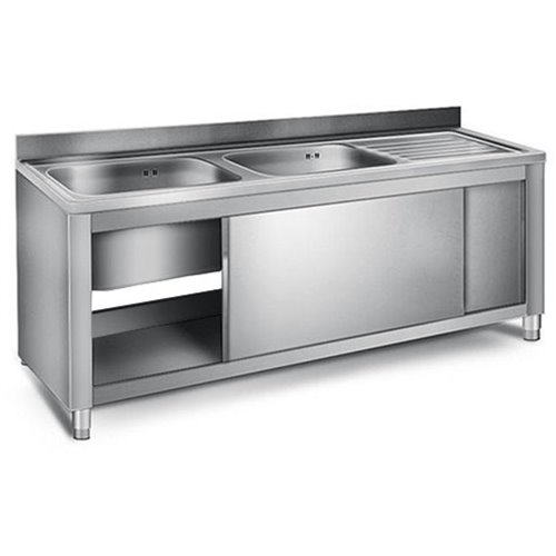 Commercial Sink with Cupboard Stainless steel 2 bowls Left Splashback Width 1400mm Depth 600mm | DA-THSSR146BL2