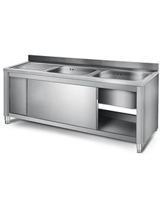 Commercial Sink with Cupboard Stainless steel 2 bowls Right Splashback Width 1400mm Depth 700mm | DA-THSSR147BR2