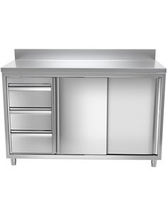 Commercial Worktop Floor Cupboard 3 drawers Left 2 sliding doors Stainless steel Width 1600mm Depth 600mm Upstand | DA-THASR166L