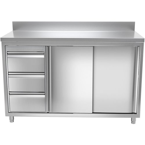 Commercial Worktop Floor Cupboard 3 drawers Left 2 sliding doors Stainless steel Width 1600mm Depth 600mm Upstand | DA-THASR166L