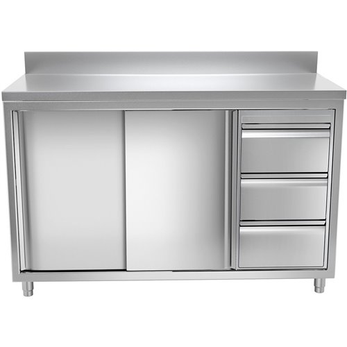 Commercial Worktop Floor Cupboard 3 drawers Right 2 sliding doors Stainless steel Width 1600mm Depth 600mm  Upstand | DA-VTC166R