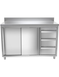 Commercial Worktop Floor Cupboard 3 drawers Right 2 sliding doors Stainless steel Width 1600mm Depth 700mm Upstand | DA-THASR167