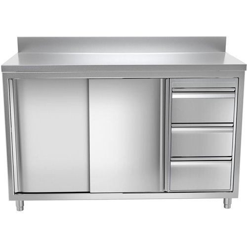 Commercial Worktop Floor Cupboard 3 drawers Right 2 sliding doors Stainless steel Width 1600mm Depth 700mm Upstand | DA-THASR167