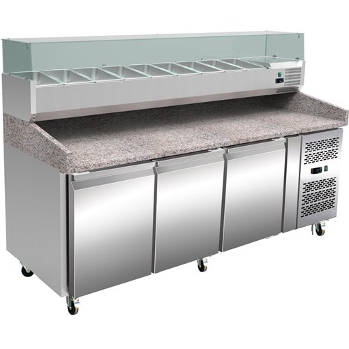 Pizza Prep Station/Counter 3 doors Granite top Refrigerated Counter top display 10xGN1/4 Depth 150mm | PZ36+PT36