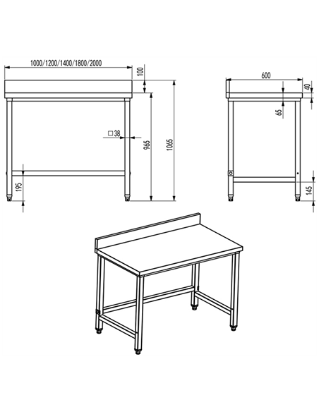 Professional Work table Stainless steel No bottom shelf Upstand 1000x600x965mm | DW6100