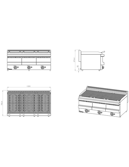 Professional Vapour Grill Gas on Open base 9 burners 33kW | VG1270GT-KS12070