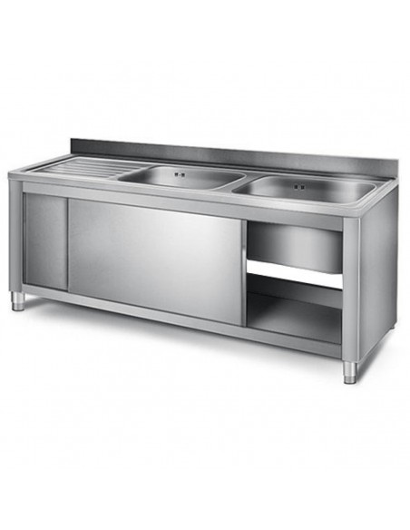 Commercial Sink with Cupboard Stainless steel 2 bowls Right Splashback Width 1800mm Depth 600mm | DA-THSSR186BR2