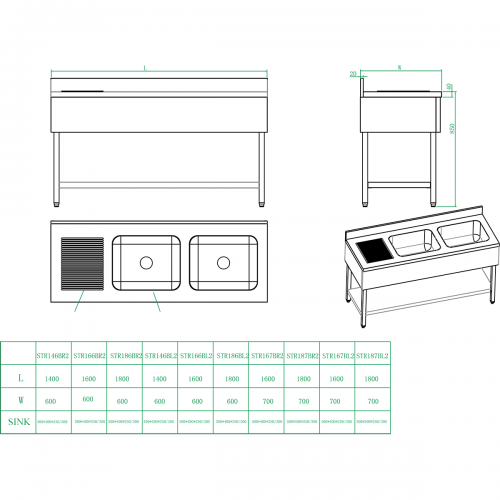 Commercial Sink with Cupboard Stainless steel 2 bowls Right Splashback Width 1800mm Depth 600mm | DA-THSSR186BR2