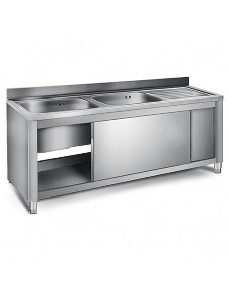 Commercial Sink with Cupboard Stainless steel 2 bowls Left Splashback Width 1800mm Depth 600mm | DA-THSSR186BL2