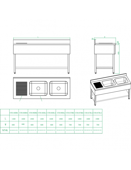 Commercial Sink with Cupboard Stainless steel 2 bowls Left Splashback Width 1800mm Depth 600mm | DA-THSSR186BL2