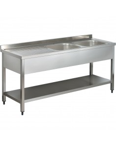 Commercial Sink Stainless steel 2 bowls Right Bottom shelf Splashback 1800mm Depth 600mm | DA-THSTR186BR2