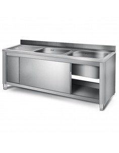 Commercial Sink with Cupboard Stainless steel 2 bowls Right Splashback Width 1400mm Depth 600mm | DA-THSSR146BR2