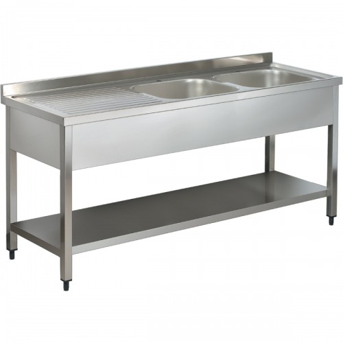 Commercial Sink Stainless steel 2 bowls Right Bottom shelf Splashback 1400mm Depth 600mm | DA-THSTR146BR2