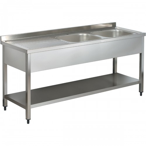 Commercial Sink Stainless steel 2 bowls Right Bottom shelf Splashback 1600mm Depth 600mm | DA-VS166RBT