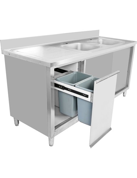 Commercial Double Sink Cupboard Stainless Steel 1800x700x900mm 2 Bowls Waste Bin Splashback | DA-DSD18702D2WBR