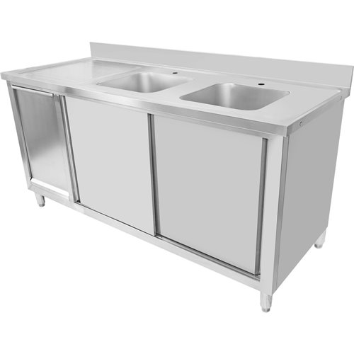 Commercial Double Sink Cupboard Stainless Steel 1800x700x900mm 2 Bowls Waste Bin Splashback DA