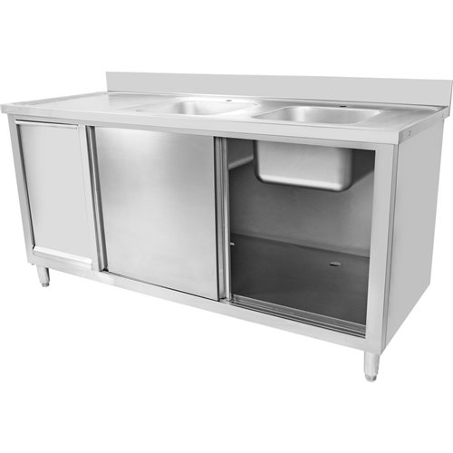 Commercial Double Sink Cupboard Stainless Steel 1800x700x900mm 2 Bowls Waste Bin Splashback | DA-DSD18702D2WBR