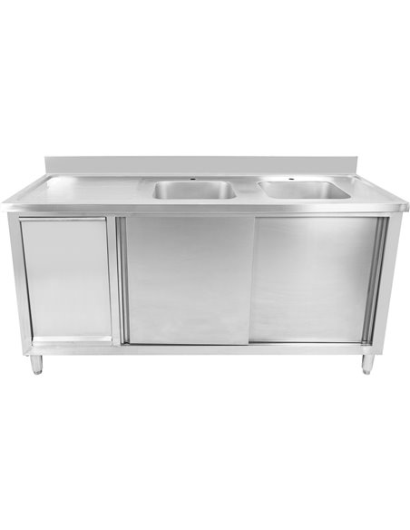 Commercial Double Sink Cupboard Stainless Steel 1800x700x900mm 2 Bowls Waste Bin Splashback | DA-DSD18702D2WBR