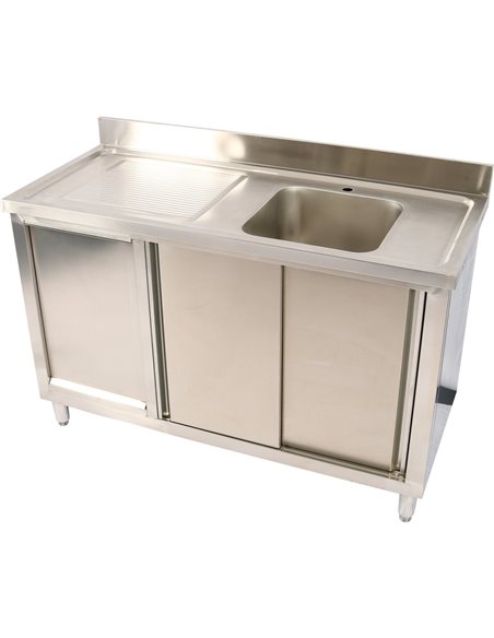 Commercial Sink Cupboard Stainless Steel 1400x600x900mm 1 Bowl Waste Bin Splashback | DA-DSA14602D2WBR