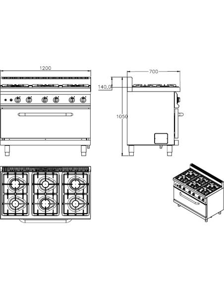 Professional Gas range 6 burners 30kW Gas oven 5.8kW | DA-THG7F6PWFG1