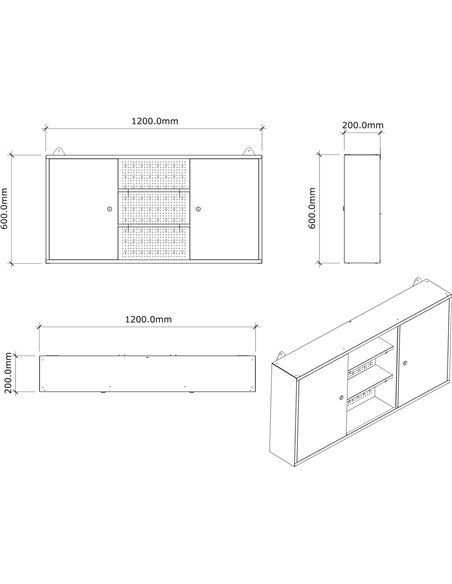 Professional Grey and Black Wall Mounted Double Door Tool Cabinet with Open Shelf/Rack and Key 1200x200x600mm | DA-TC003