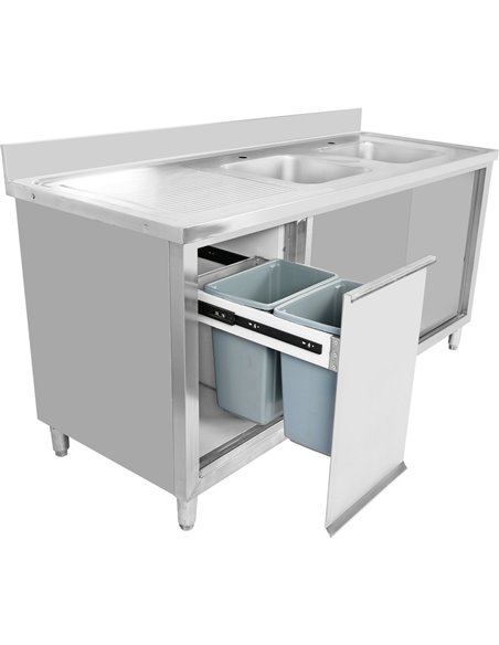 Commercial Double Sink Cupboard Stainless Steel 1800x600x900mm 2 Bowls Waste Bin Splashback | DA-DSD18602D2WBR