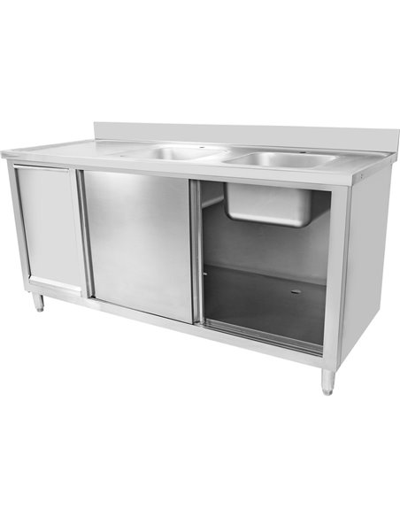 Commercial Double Sink Cupboard Stainless Steel 1800x600x900mm 2 Bowls Waste Bin Splashback | DA-DSD18602D2WBR