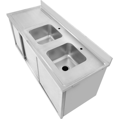 Commercial Double Sink Cupboard Stainless Steel 1800x600x900mm 2 Bowls Waste Bin Splashback | DA-DSD18602D2WBR