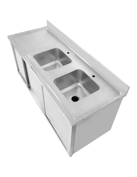 Commercial Double Sink Cupboard Stainless Steel 1800x600x900mm 2 Bowls Waste Bin Splashback | DA-DSD18602D2WBR