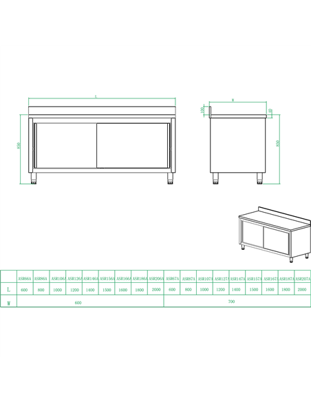 Commercial Worktop Floor Cupboard Sliding doors Stainless steel Width 1600mm Depth 600mm Upstand | DA-VTC166SLB