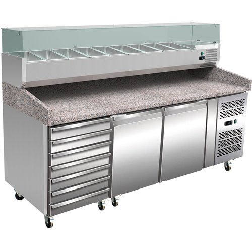 Pizza Prep Counter 2 doors 7 drawers Granite top Refrigerated Counter top display 9xGN1/3 Depth 800mm | Stalwart DA-PZ46+PT36