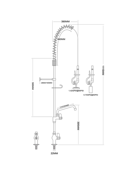 Pre Rinse Spray Unit with Swing faucet Deck mount Single inlet Height 1000mm Stainless steel | Stalwart EQ2803A12