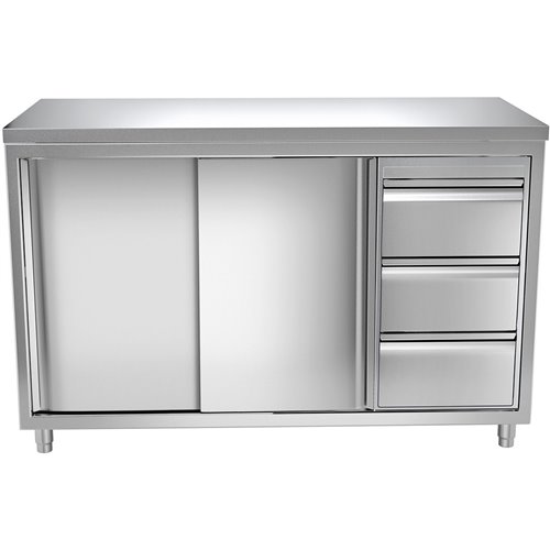 Commercial Worktop Floor Cupboard Sliding doors 3 Drawers Stainless steel Width 2000mm Depth 600mm Upstand | Stalwart VTC206R3B