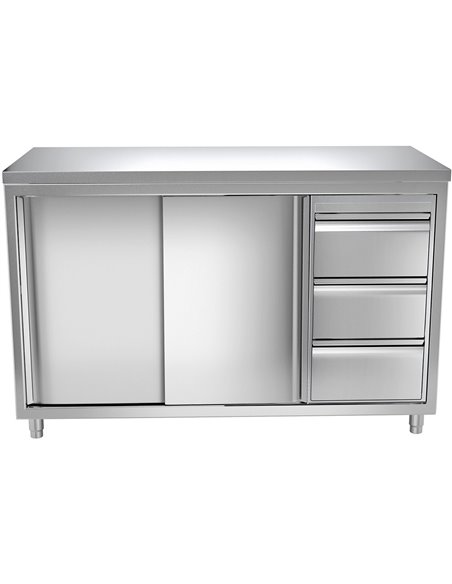 Commercial Worktop Floor Cupboard Sliding doors 3 Drawers Stainless steel Width 2000mm Depth 600mm Upstand | Stalwart VTC206R3B