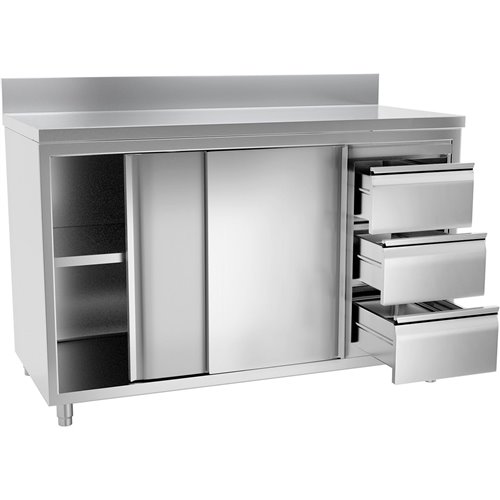 Commercial Worktop Floor Cupboard Sliding doors 3 Drawers Stainless steel Width 2000mm Depth 600mm Upstand | Stalwart VTC206R3B